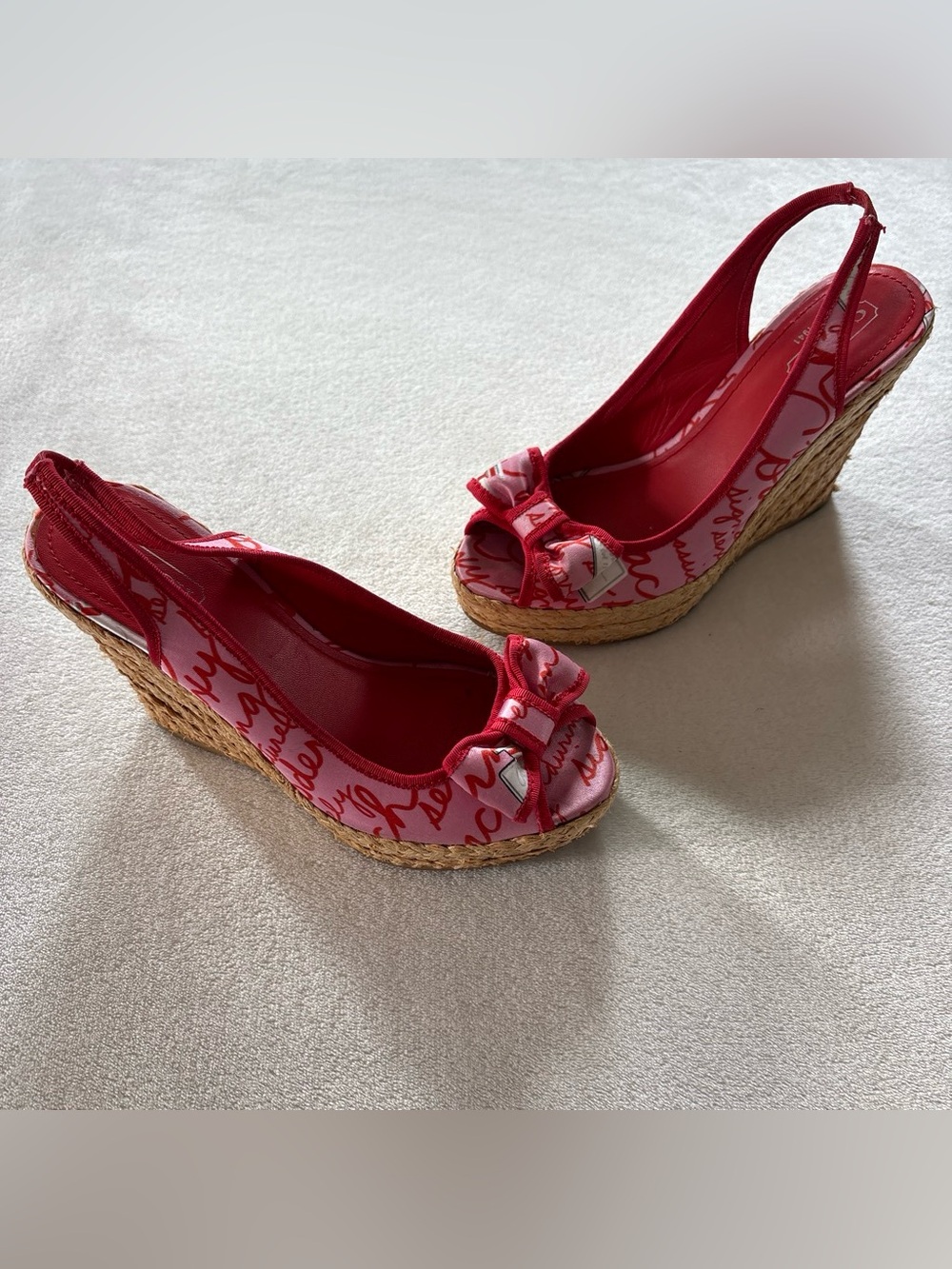 Y2K Coach Pink Red Poppy Espadrilles Peep Toe Wedge Sandals Size 7.5